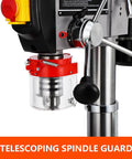 Built Tough Heavy Duty 15 Inch Cast Iron Bench Drill Press With Knockout 7 Point 5 Amp Pure Copper Motor and Workhorse Variable Speed Handle close-up of telescoping spindle guard.