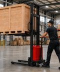 Heavy Duty 5500 Lbs Semi Electric Pallet Stacker With Adjustable Steel Forks And Massive 118 Inch Lifting Height For Quick Warehouse Moves On Open Bottom Pallets moving a large wooden crate.