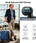 Man with Underseat Carry On Luggage With Wheels Lightweight 30L Softside 16 Inch Spinner Suitcase Airline Approved Personal Item Overnight Bag For Women And Men Blue Jet Set Ready Travel Must Have at airport with 360-degree wheels