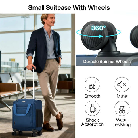 Man with Underseat Carry On Luggage With Wheels Lightweight 30L Softside 16 Inch Spinner Suitcase Airline Approved Personal Item Overnight Bag For Women And Men Blue Jet Set Ready Travel Must Have at airport with 360-degree wheels