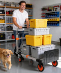 Man transporting boxes using 3 In 1 Aluminum Folding Hand Truck Dolly Cart With Wheels, Heavy Duty Convertible Cart For Moving Furniture, 500 lb load, Silver Orange