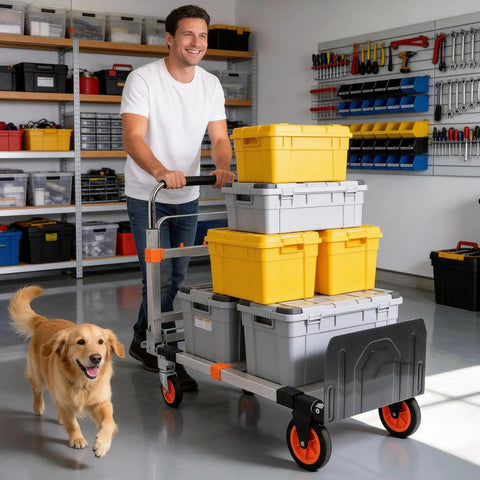 Man transporting boxes using 3 In 1 Aluminum Folding Hand Truck Dolly Cart With Wheels, Heavy Duty Convertible Cart For Moving Furniture, 500 lb load, Silver Orange