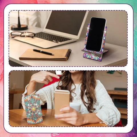 Top: 4 Pack Large Mandala Diamond Painting Phone Stand Kit 5.5 Inch DIY Full Drill Crystal Diamond Art Phone Holder on desk; Bottom: Woman using phone stand