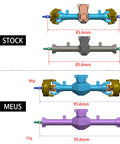 Comparison of stock and MEUS Isokinetic 3-Section CVD Front Axles for 1/24 RC Crawlers, showing size and weight differences.