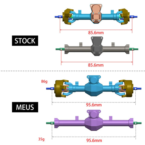 Comparison of stock and MEUS Isokinetic 3-Section CVD Front Axles for 1/24 RC Crawlers, showing size and weight differences.