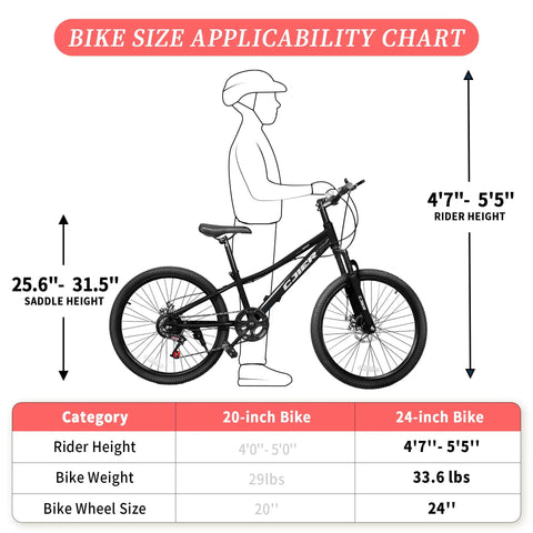 Bike size chart for Kids Mountain Bike 20 To 24 Inch With Front Suspension 7 Speeds Dual Disc Brakes Anti Slip Butyl Tires