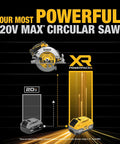 Game Changer 20V Max Brushless Cordless 7-1/4 Inch Circular Saw Kit showing powerful saw with battery size comparison.