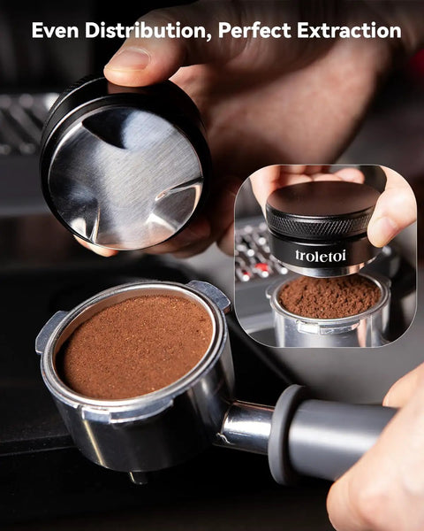 Top Shelf Espresso Accessories Kit Featuring A Dead Nuts Accurate 58mm Tamper Pro Grade Coffee Distributor, hands using tamper.