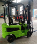 Top Shelf Hydraulic Lift Truck 3 Ton Capacity With Multi Stage Mast And Fork Attachments Warehouse Cargo Handler side view in green.