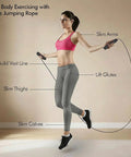 Woman using adjustable jump rope with no tangle fast ball bearings for men women and kids, demonstrating full body exercise benefits.