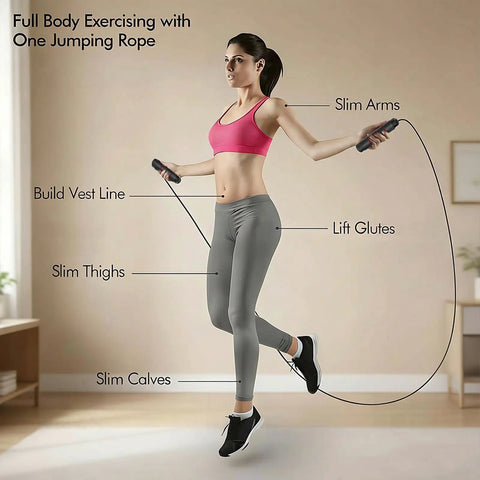 Woman using adjustable jump rope with no tangle fast ball bearings for men women and kids, demonstrating full body exercise benefits.