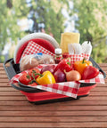 Collapsible Caddy Tote With Fold Down Handles And Removable Section For Customizable Storage And Easy Gear Transport In Red And Black Grillin Tailgatin Campin And Home Organization holding picnic items