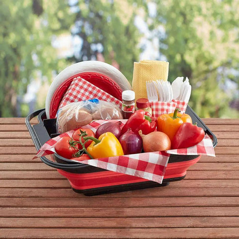 Collapsible Caddy Tote With Fold Down Handles And Removable Section For Customizable Storage And Easy Gear Transport In Red And Black Grillin Tailgatin Campin And Home Organization holding picnic items