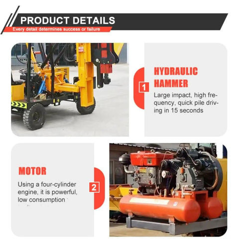 Beast Of A High Efficiency Pile Driver for Guardrail Posts showing hydraulic hammer and motor components