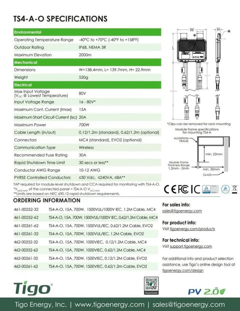 TS4-A-O Module Add-On For Rapid Shutdown And Optimization, 1500V UL TUV Listed, 1.2M Cable, MC4 Connectors specification sheet