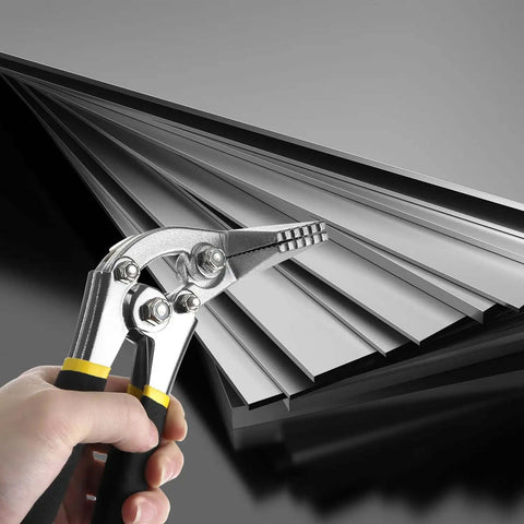 3 Inch Hand Seamer Sheet Metal Tool With Offset Design held against a stack of metal sheets, angled view.