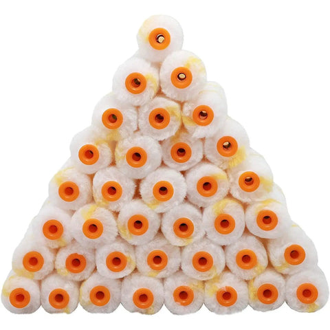 Pyramid stack of 36 Pack 4 Inch Mini Foam Paint Roller Covers For Smooth Even Coverage Refills And Sleeves For Trim And Detail Projects Bulk Paint Set For Home DIY And Pro Use