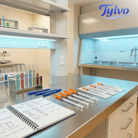 Hella Precise 1ml 29g 1/2 Inch Disposable Syringes Pack Of 25 With Clear Graduations And Leak Proof Design on lab table.
