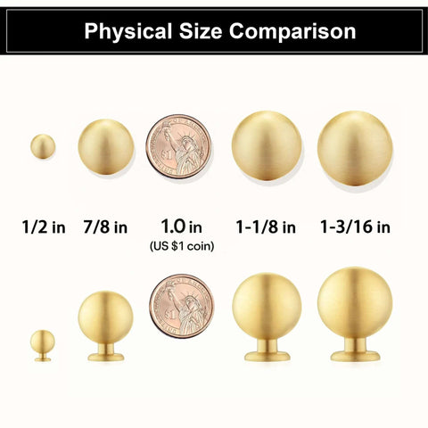 Physical size comparison of Top Tier Brushed Gold Cabinet Drawer Knobs 2 Pack Mini Sphere Brass Pulls For Nightstand And Vanity 1-1/8 Inch.