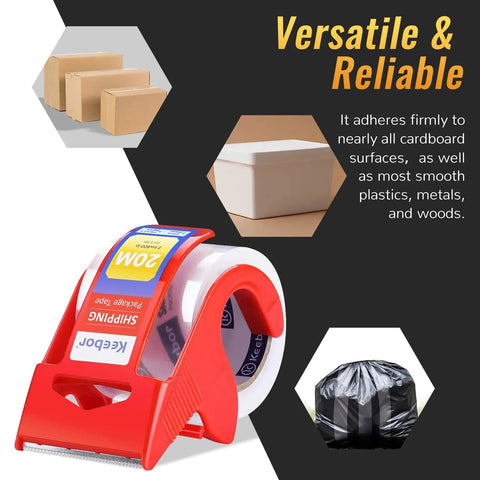 12 Rolls Heavy Duty Packaging Tape With Dispenser in red; clear tape sealing cardboard, plastic, and metal surfaces