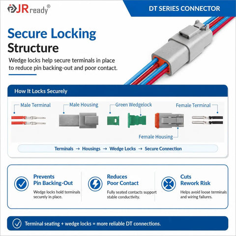 Diagram showing secure locking structure of Deutsch DT Connector Kit Bundle with IP68 waterproof 2-12 pin plugs.