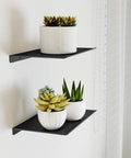 Slick 8 Inch Small Floating Wall Shelves, Heavy Duty Metal Wall Mounted Storage for Bathroom Bedroom Living Room, Dope Minimalist Black Display Racks for Books Room Decor Two Pack with succulents.