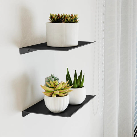 Slick 8 Inch Small Floating Wall Shelves, Heavy Duty Metal Wall Mounted Storage for Bathroom Bedroom Living Room, Dope Minimalist Black Display Racks for Books Room Decor Two Pack with succulents.