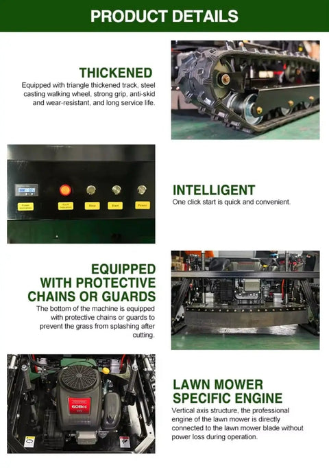 Product details of Remote-Controlled Tracked Lawn Mowing Robot With Adjustable Cutting Height showing features and engine.