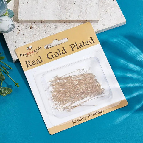 100 Piece Open Eye Pins 2 Inch 24K Gold Plated Brass Eye Pins For Charm Beads DIY Jewelry Making Pro Kit Earring Findings Connecting Links Jewelry Craft Supplies 1.8mm Hole 21 Gauge, packaged