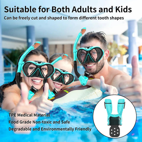 Family in pool wearing Moldable Scuba Diving Mouthpiece For Snorkel And Regulator Replacement TPE Custom Bite Aqua Mouthpiece