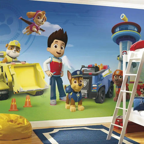 Paw Patrol Water Activated Spray And Stick Wall Mural Removable Peel And Stick 10.5 Feet By 6 Feet Easy Activation No Fuss Setup Kid Friendly Room Decor For Bedrooms And Playrooms showing characters and vehicles.