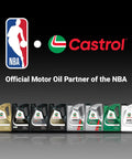 Premium 5W-40 Full Synthetic Motor Oil Delivers Top Shelf Engine Protection For European And Domestic Rides Keeps Your Daily Driver Running Smooth In A Spacious Five Quart Jug displayed with Castrol and NBA logos.