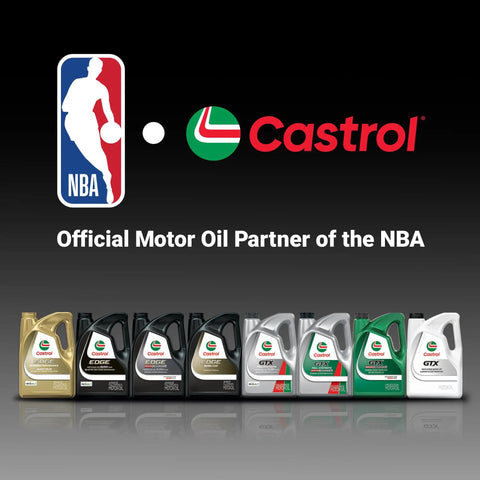 Premium 5W-40 Full Synthetic Motor Oil Delivers Top Shelf Engine Protection For European And Domestic Rides Keeps Your Daily Driver Running Smooth In A Spacious Five Quart Jug displayed with Castrol and NBA logos.