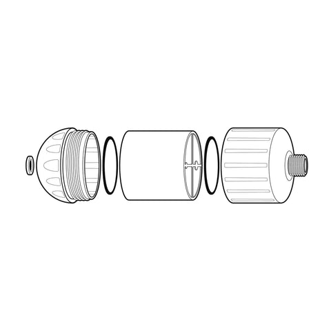 Exploded view of Universal High Output Shower Filter With Chlorgon Filtration Chrome Low Profile 4 Inch Extension Replaceable HOC Cartridge