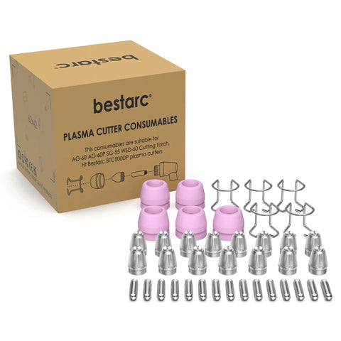 Plasma Cutter Consumables 40 Pcs Torch Tip Nozzles Set For AG60P AG60 WSD60 SG55 BTC500DP BTC650DP displayed with box.