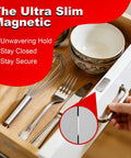 Drawer with No Drill Magnetic Cabinet Door Catch With Adhesive Mount, Stainless Steel, Ultra Strong Hold, ensuring closure.