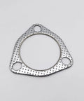 Exhaust gasket, close-up view, 2.5-inch, triangular 3-bolt pattern, 63.5mm bore, perforated metal, 2-pc pack