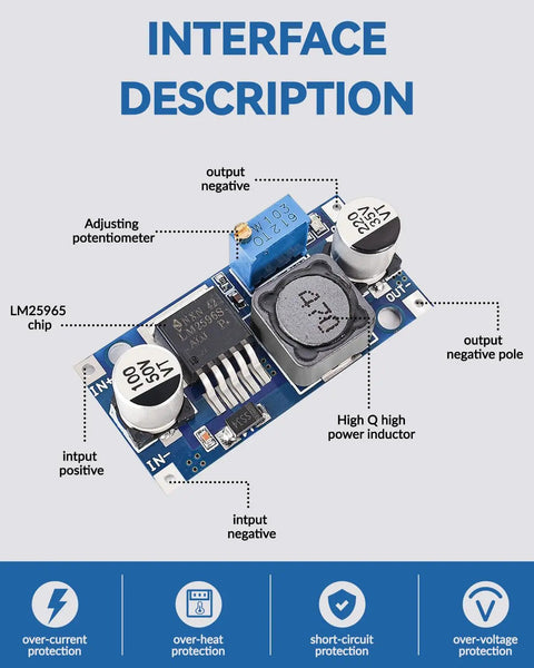 Diagram of Five Pack LM2596 DC Buck Converter Module 3.0-40V In, 1.5-35V Out, Adjustable Voltage Regulator With LED Indicator