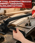 Pro Grade 1/2 Inch Steel Strapping Kit 200 Feet Roll With 1100 Lb Break Strength tensioner in action for sealing and cutting on workbench.