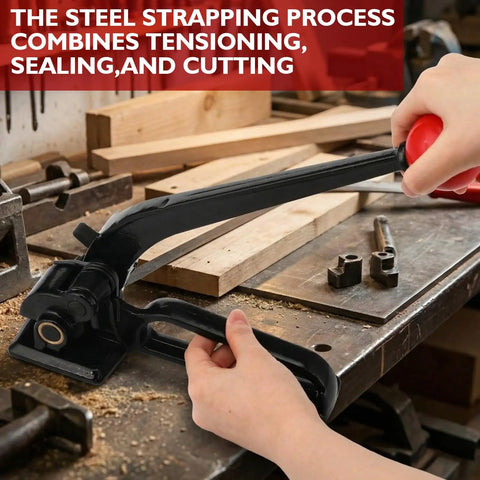 Pro Grade 1/2 Inch Steel Strapping Kit 200 Feet Roll With 1100 Lb Break Strength tensioner in action for sealing and cutting on workbench.