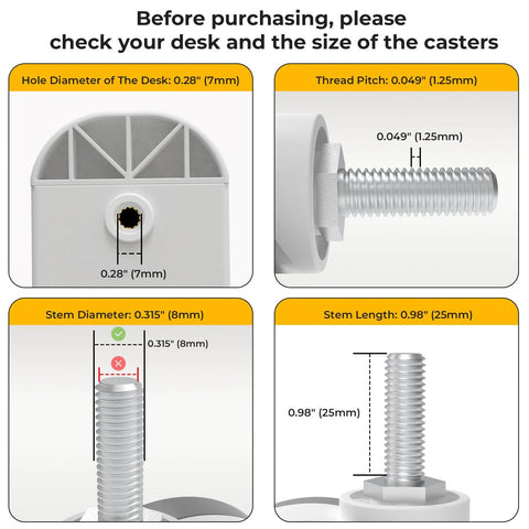 Detailed size specifications for Lockable Stem Caster Wheels Set Of 4, 2.5 Inch White Swivel Casters with M8 Metric Threads.