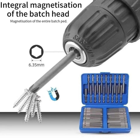 Close-up of the Extra Long Magnetic Security Bit Set 50 Piece Screwdriver Bit Kit with magnetic feature and open case.