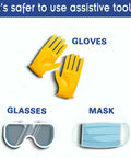 Illustration of gloves, safety glasses, and mask labeled as assistive tools for safety.