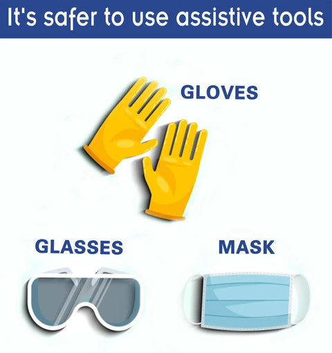 Illustration of gloves, safety glasses, and mask labeled as assistive tools for safety.