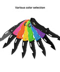 Array of colorful foldable dive knives with wrist lanyard, showing blade and handle variations, made for scuba diving and more.