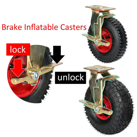 Kickass Industrial Pneumatic Casters With Locking Brake Set Of 4 Smooth Rolling Rubber Wheels showing lock and unlock mechanisms.
