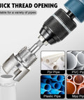 Close-up of Heavy Duty 3 Piece Pipe Thread Cutting Tool Kit For Electric Drill cutting threads on PPR and PVC pipes.