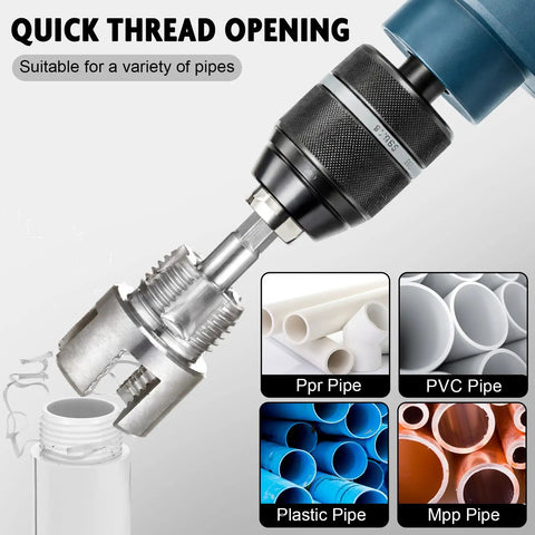 Close-up of Heavy Duty 3 Piece Pipe Thread Cutting Tool Kit For Electric Drill cutting threads on PPR and PVC pipes.