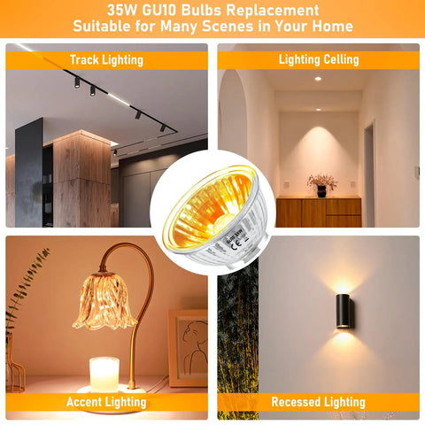 Collage of 35W GU10 bulbs used in track, ceiling, accent, and recessed lighting settings with a focus on versatility.