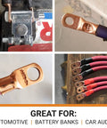 Heavy Duty Beefy Bare Copper Battery Lugs Set 25 Pcs 0000 Gauge Ring Terminals for High Current Auto Marine Electrical Cable Ends 5 by 16 Inch Stud Connectors UL Listed in various installation scenarios.